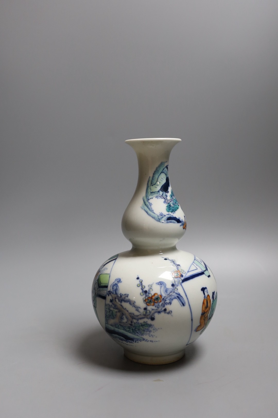 A Chinese doucai double gourd vase, Kangxi mark but later 21cm